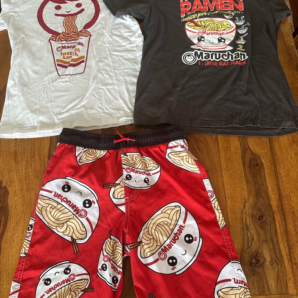 Maruchan Ramen Graphic Tee & Red Ramen Print Swim Shorts bundle